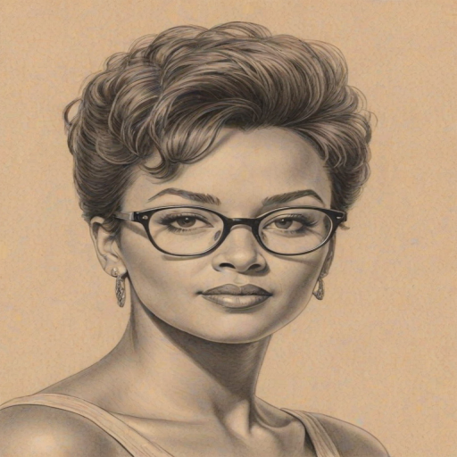 Appealing Anita Baker, pencil sketch, portrait of Beauteous woman 1951s in glasses, hair style beatnik, outline, clear lines, fine lines, 8k