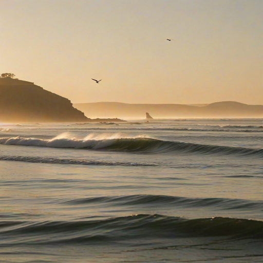 Blurry action shot of a surfer riding a wave at dawn, soft golden light from the rising sun casting long shadows on the water, with seagulls flying overhead and distant cliffs barely visible through the mist.