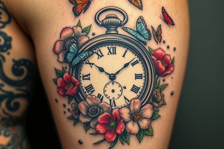 Surrealist tattoo titled "Dreamscape Fusion" portraying a melting pocket watch intertwined with blooming flowers and floating butterflies, blending reality and fantasy in a striking and thought-provoking design