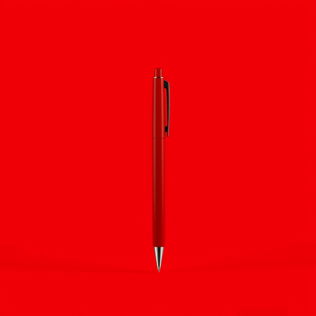 Create a high-resolution digital illustration of a red pen standing upright on a solid vibrant red background, captured with a Canon EOS R camera, 50mm lens, f/2.8 aperture, ISO 100, using a flat lay view to enhance the detail and clarity of the pen.