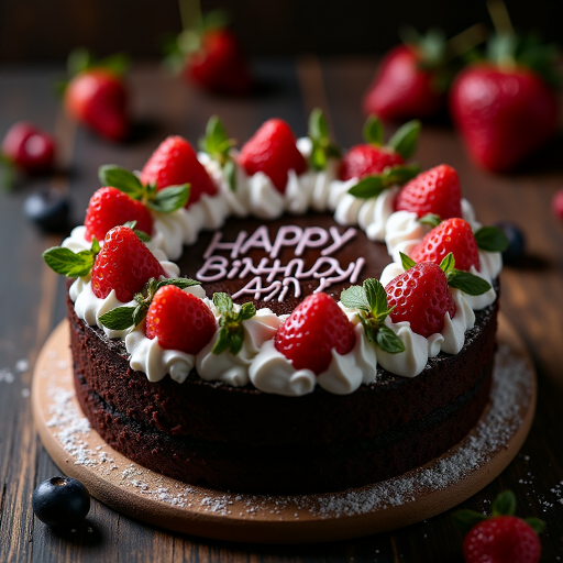 black forest gateau cake, spelling out the words "HAPPY BDAY AMR", tasty, food photography, dynamic shot