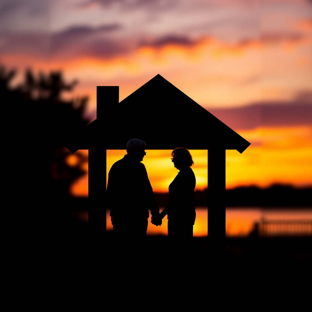 Create an image of an elderly couple silhouette standing together, holding hands under a house shape, set against a beautiful sunset background with vibrant orange and purple hues, shot with a DSLR camera at f/2.8 aperture, ISO 100, 50mm lens, with a slight bokeh effect to enhance the foreground elements.