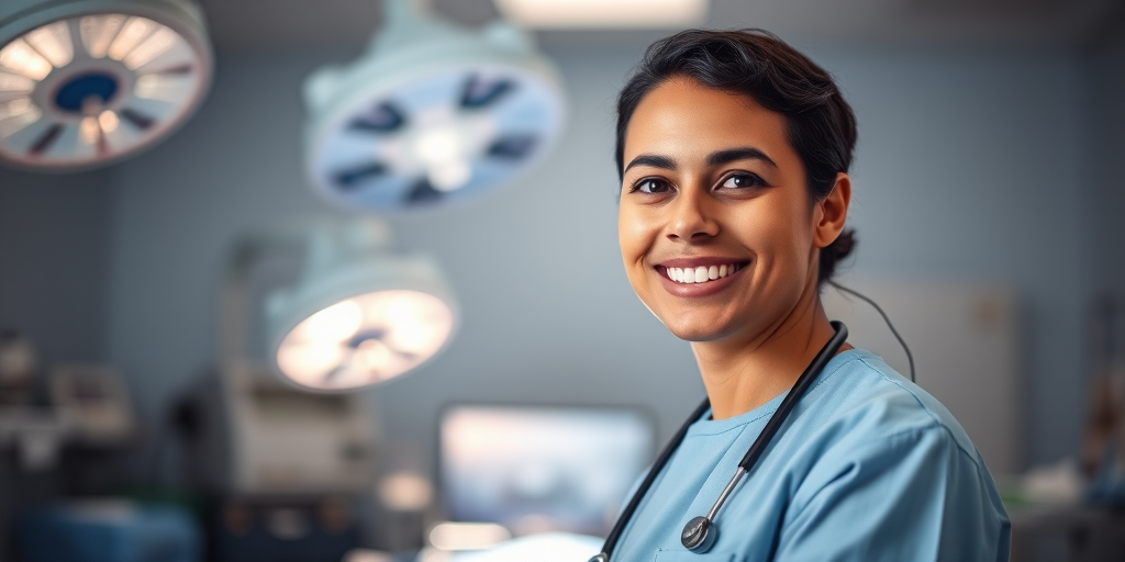 Create an image of a healthcare professional smiling in a surgical room, using a full-frame camera set to f/1.8 aperture, ISO 200, shutter speed 1/60 seconds, portrait view, with soft diffused lighting to enhance image quality and a shallow depth of field.