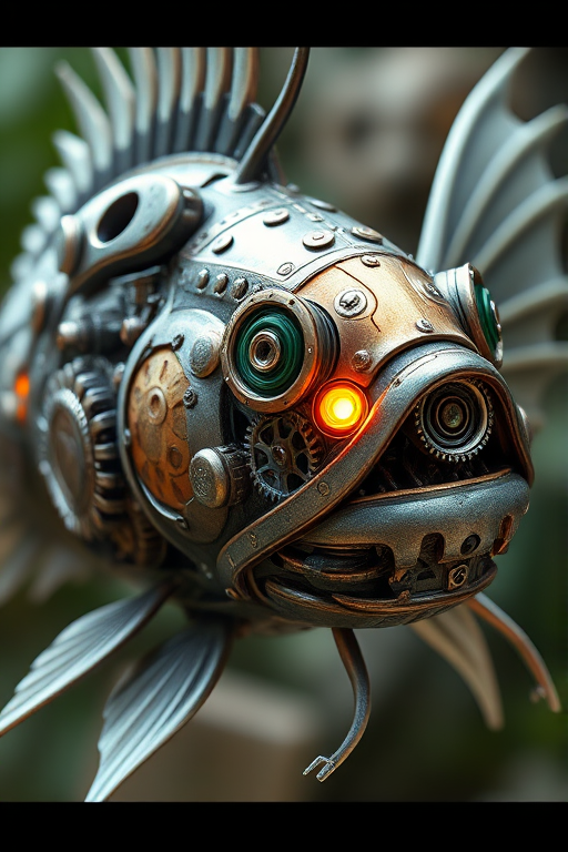 Create a highly detailed illustration of a mechanical fish with intricate gears and metallic textures, showcasing a blend of organic and steampunk elements, large fins and glowing eyes, captured in close-up with a macro lens at f/2.8, 1/125 shutter speed, ISO 100, in natural light for enhanced clarity and depth.