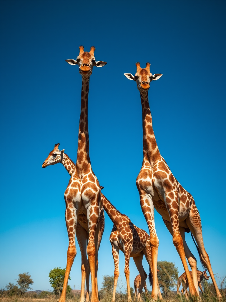 Giraffes standing together in a grassy field under a clear blue sky, captured with a Canon EOS 5D Mark IV, 70-200mm lens, f/4 aperture, 1/500 sec shutter speed, ISO 400, shot from a low angle for a dramatic perspective.