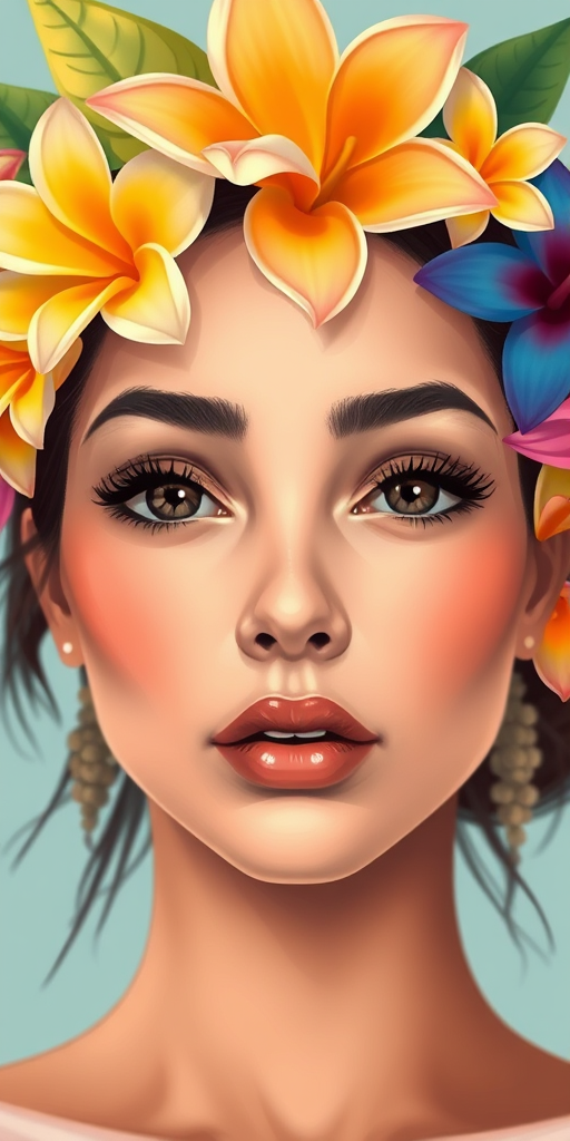 Create a digital illustration of a woman with a serene expression, adorned with a variety of colorful tropical flowers in her hair, featuring rich brown eyes and smooth skin, shown from a front-facing view with a soft focus, using a 50mm lens, aperture f/1.8, ISO 100, and a Canon DSLR style to enhance image quality and detail.