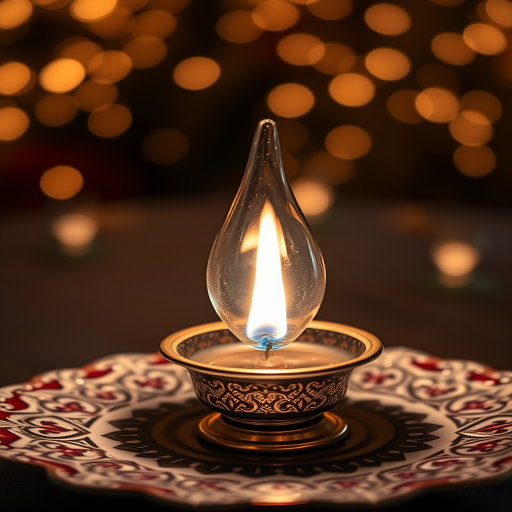 A beautifully lit oil lamp on an intricately designed plate surrounded by softly blurred background lights, shot with a DSLR camera at f/2.8, ISO 100, shutter speed 1/60 sec, in macro view for enhanced focus on details.