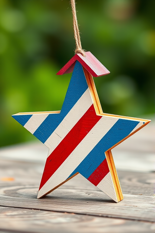 Create a high-resolution image of a wooden star with red, white, and blue stripes, featuring a small attached house at the top, using a DSLR camera with a 50mm lens, aperture f/1.8, ISO 100, in natural light, focus on intricate textures and colors.