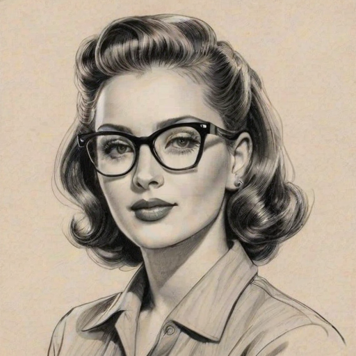 Elegant Jade Tailor, pencil sketch, portrait of Fascinating woman 1948s in glasses, hair style beatnik, outline, clear lines, fine lines, 8k