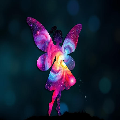 Create an ethereal silhouette of a fairy with a cosmic galaxy pattern filling its form, surrounded by vibrant colors and sparkling stars, captured with a DSLR camera using a 50mm lens, f/1.8 aperture, ISO 200, natural light, shallow depth of field, and a soft bokeh background.