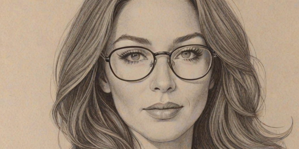 Alluring Lynn Collins, pencil sketch, portrait of Resplendent woman 1970s in glasses, hair style beatnik, outline, clear lines, fine lines, 8k