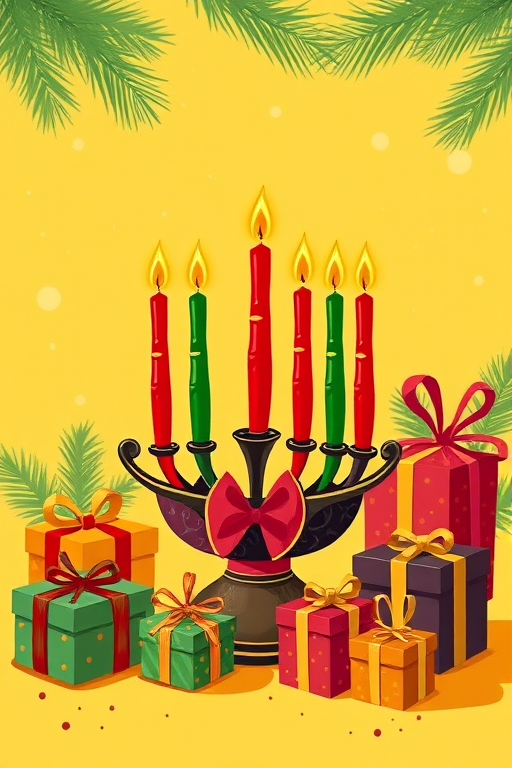 Create a festive Kwanzaa illustration featuring a colorful kinara with red, green, and black candles, surrounded by gift boxes, on a bright yellow background, captured in high resolution with a DSLR camera, aperture f/8 for depth of field, ISO 100 for low noise, and a wide-angle lens for a vibrant and inviting scene.