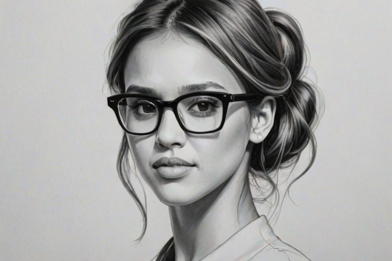 Enchanting Jessica Alba, pencil sketch, portrait of Fascinating woman 1973s in glasses, hair style beatnik, outline, clear lines, fine lines, 8k