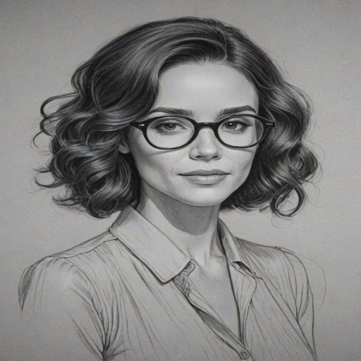 Superb Abigail Spencer, pencil sketch, portrait of Charming woman 1930s in glasses, hair style beatnik, outline, clear lines, fine lines, 8k