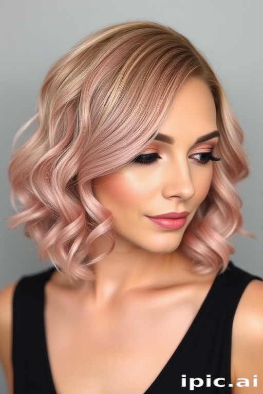 Dusty rose bob with subtle gold leaf accents, styled in vintage finger waves, called "Gilded Blush" look, featuring a glossy finish and sculpted shape