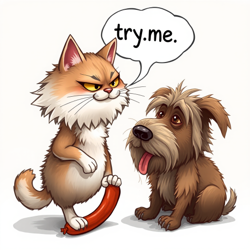 caricature of a silly whimsical fluffy cat with a mean look she has one foot on a sausage and is looking at an old scraggly big dog the cat has a thought bubble above her head that says “try,me"
