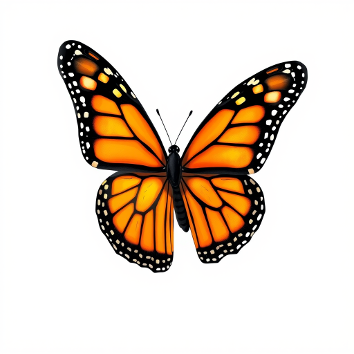 Create a realistic illustration of a monarch butterfly with vibrant orange and black wings, showcasing intricate patterns and details. The butterfly should be depicted in mid-flight against a plain white background to highlight its beauty.