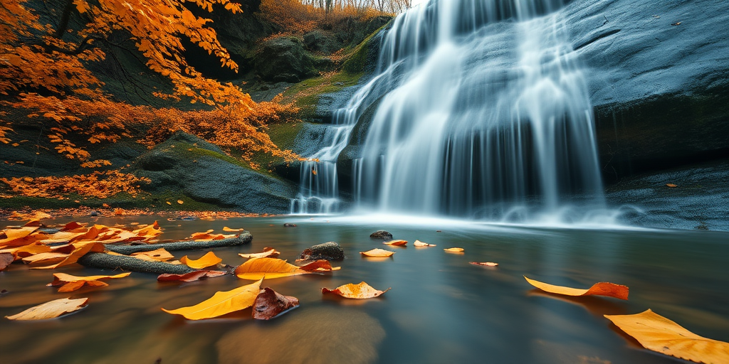 generate a serene waterfall scene in autumn with vibrant orange and yellow leaves, long exposure to create silky water effect, f/8 aperture, 1/4 second shutter speed, ISO 100, wide-angle lens, low angle view, DSLR camera, natural lighting