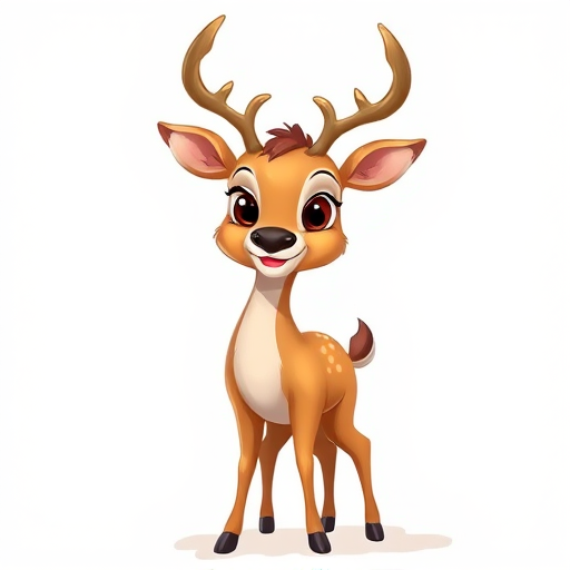 Create a highly detailed illustration of a cartoon deer standing upright with a smooth tan body, large expressive eyes, a small nose, and antlers, set against a plain white background, using digital painting techniques, with a high resolution of 300 DPI, and a soft focus lens effect.