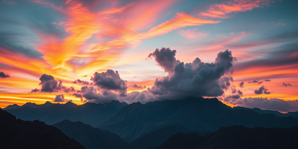 Create an atmospheric landscape of a mountain range during sunset, focused on vibrant colors and dramatic cloud formations, captured with a Canon EOS R5, 24mm lens, f/8 aperture, ISO 100, and a long exposure to enhance light trails and details.