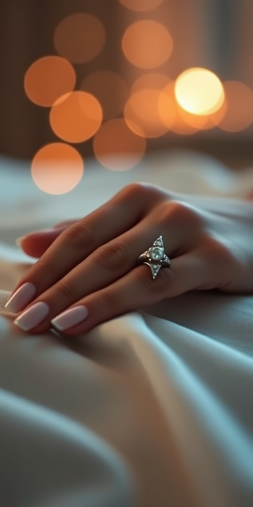 Capture a close-up of a woman's hand with elegant rings resting on a soft fabric, warm bokeh lights in the background, using a Canon EOS R5, 50mm lens, aperture f/1.8, ISO 200, with a shallow depth of field for a dreamy effect.