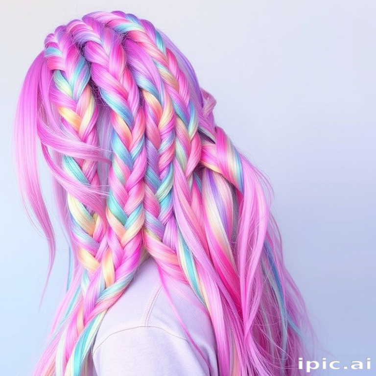 Holographic pastel rainbow hair in long, mermaid-inspired braids, called "Prismatic Fantasy," with each plait seamlessly blending multiple iridescent hues