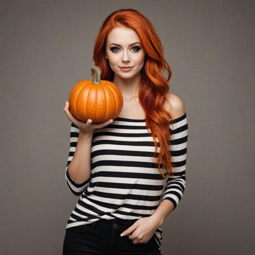 beautiful woman in orange and black Halloween colors, stripes. striking. pumpkin on shirt. I'm orange hair. full body. side shot holding pumpkin