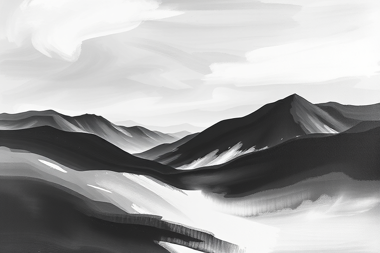 create an abstract landscape painting using various shades of black and white with soft, blended brush strokes and a smooth gradient transition from light to dark