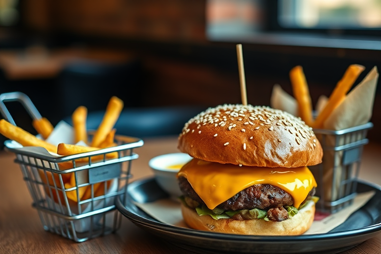 Capture a high-resolution image of a gourmet cheeseburger with sesame seed bun, crispy fries in a metal basket, and a small white bowl of yellow sauce, using a Canon EOS R5 camera with a 50mm f/1.8 lens, aperture set to f/2.8, ISO 100, and natural light from a nearby window for a warm, inviting atmosphere.
