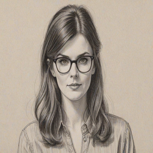 Superb Aisling Bea, pencil sketch, portrait of Delightful woman 1980s in glasses, hair style beatnik, outline, clear lines, fine lines, 8k
