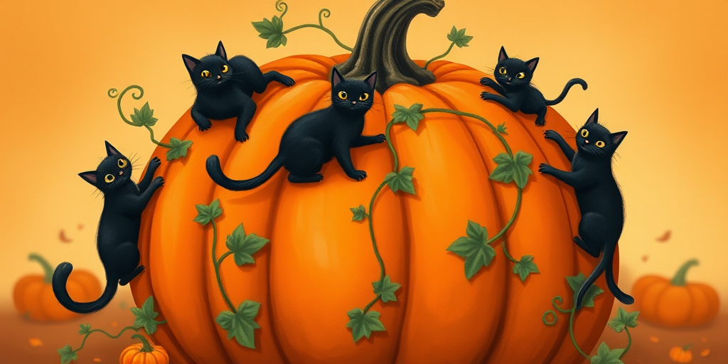Create a whimsical illustration of a large orange pumpkin with green vines, featuring playful black cats climbing on it and around it, in a vintage style, shot with a DSLR camera, 50mm lens, f/2.8 aperture, soft focus background, warm lighting.