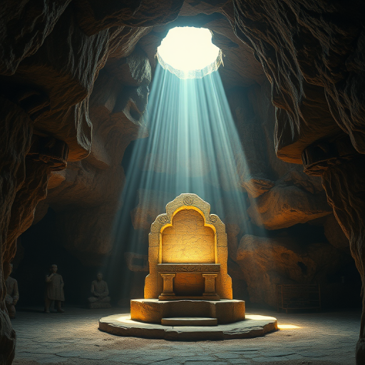 interior of a mystical cave with a stone altar illuminated by beams of light from a hole in the ceiling, soft diffused lighting, atmospheric perspective, DSLR camera, f/2.8 aperture, ISO 200, 24mm lens, HDR imaging, low angle view, high dynamic range, warm tones