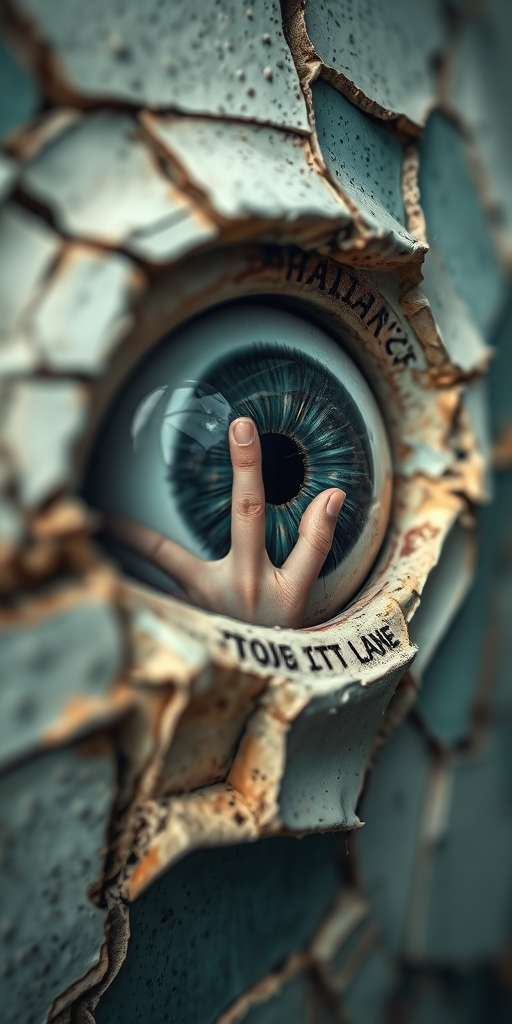 a surreal close-up of an eye embedded in cracked, peeling paint with a hand reaching inside, macro lens, f/2.8 aperture, ISO 100, natural lighting, high dynamic range photography, digital camera