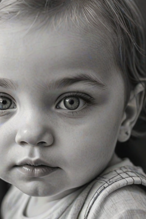 A hyperdetailed photorealistic black and white sketch of a beautiful toddler with deep green eyes, with a macro focus