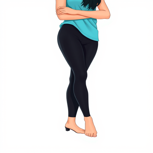 Create a digital illustration of a person standing with crossed legs, wearing fitted black leggings and a light blue top, focus on clean lines and vibrant colors, high resolution, shot with a Canon EOS R5, 50mm lens, f/2.8, ISO 100, natural light, minimalist background.