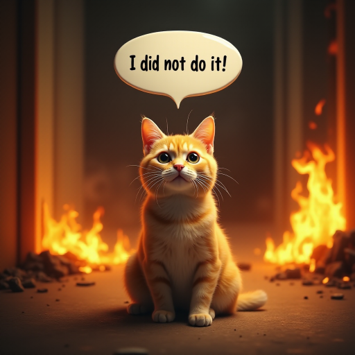 Photorealistic image of an innocent-looking cat sitting calmly in the middle of a burning room. Flames engulf the room, with fire licking up the walls and smoke filling the air. The cat is sitting on the floor, looking directly at the viewer with wide, innocent eyes. Above the cat, a speech bubble says "I did not do it" The contrast between the cat's calm demeanor and the chaos around it creates a humorous and surreal scene.