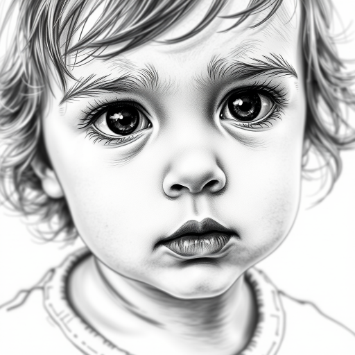 A hyperdetailed photorealistic black and white sketch of a beautiful toddler with deep black eyes, with a macro focus