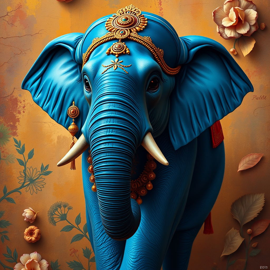 Create a highly detailed digital painting of a majestic blue elephant adorned with intricate golden jewelry and ornate decorations, placed against a richly textured, vibrant background featuring warm colors and floral elements; use a Canon EOS R5, 85mm lens, f/1.8 aperture, ISO 100, and shoot in soft natural light for enhanced clarity and depth.