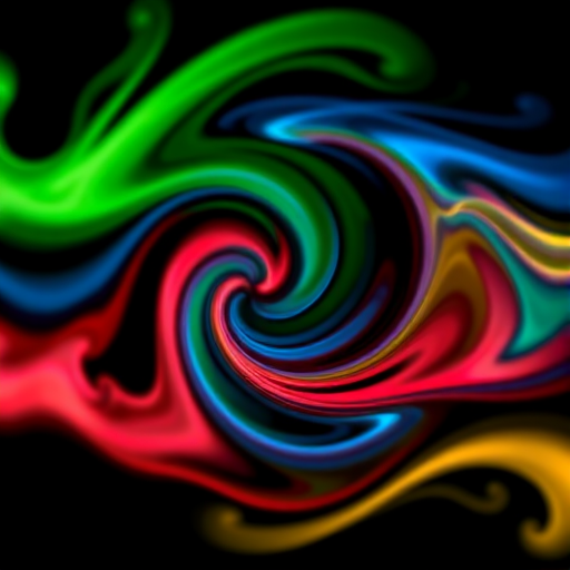 vibrant abstract pattern with swirling colors in green, blue, red, and yellow on a black background, macro lens, f/2.8 aperture, ISO 100, 50mm lens, soft focus style, digital camera