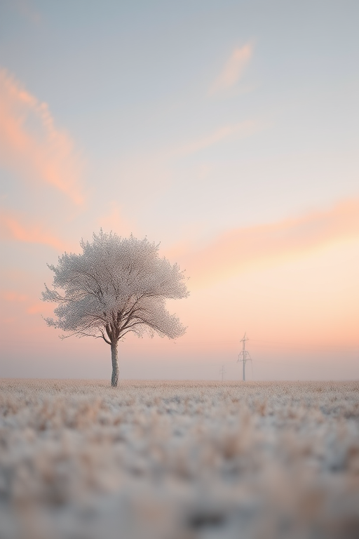 Create a serene landscape featuring a solitary white tree in a minimalist setting with soft, blended pastel colors in the sky, using a Canon EOS R5 camera, 50mm lens, f/1.8 aperture, ISO 100, shutter speed 1/200 sec, taken at eye level with a shallow depth of field for a dreamy effect.
