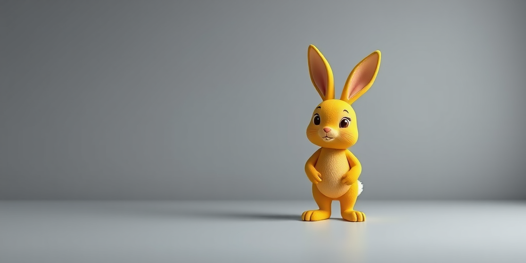 yellow cartoon bunny character standing on a smooth surface with a plain gray background, soft studio lighting, f/2.8 aperture, 50mm lens, ISO 100, DSLR camera, high-resolution image