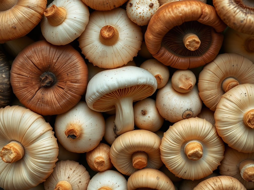 Regenerate an image of various mushrooms arranged neatly, captured with a DSLR camera at f/2.8 aperture, ISO 100, 50mm lens, natural lighting, overhead view, focus on texture and detail.