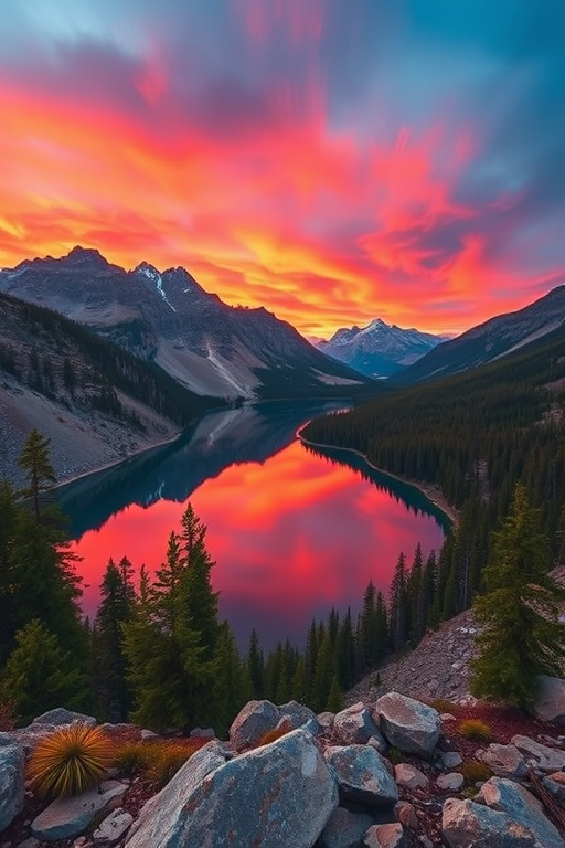 Create an image of a serene mountain landscape during sunset, with vibrant orange and pink skies reflecting over a calm lake surrounded by lush green trees and rocky terrain, captured with a Canon EOS R5, 24mm lens, f/8 aperture, ISO 100, at a low angle for a wide view, in high dynamic range style.