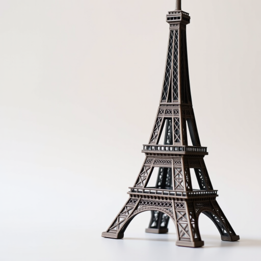Create a high-resolution image of a detailed Eiffel Tower model against a soft gradient background, using a DSLR camera with a 50mm lens, aperture f/2.8, shutter speed 1/200s, ISO 100, natural lighting, and a slight tilt for a dynamic angle.