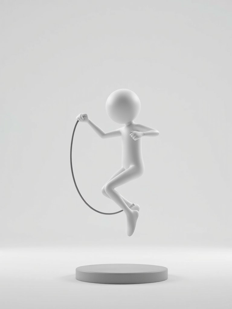 Create a high-resolution 3D render of a simple, stylized humanoid figure jumping rope against a clean white background, using a Canon EOS R5 camera with a 50mm f/1.2 lens, set to ISO 100, aperture f/2.8, and shutter speed 1/200s, with a soft focus effect for enhanced image quality.