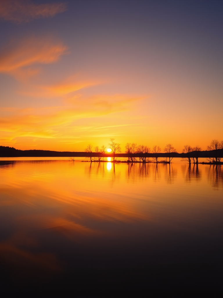 capture a serene sunset over a tranquil lake with silhouetted trees reflecting in the water, using a DSLR camera with a 24mm lens, aperture f/11, ISO 100, shutter speed 1/60 sec, in landscape orientation for vibrant colors and sharp details.
