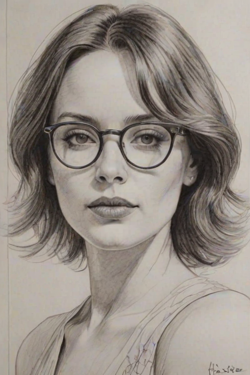 Wonderful Fiona Dourif, pencil sketch, portrait of Exquisite woman 1977s in glasses, hair style beatnik, outline, clear lines, fine lines, 8k