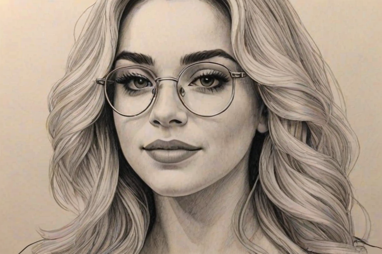 Magnificent Gabby Barrett, pencil sketch, portrait of Stunning woman 1975s in glasses, hair style beatnik, outline, clear lines, fine lines, 8k