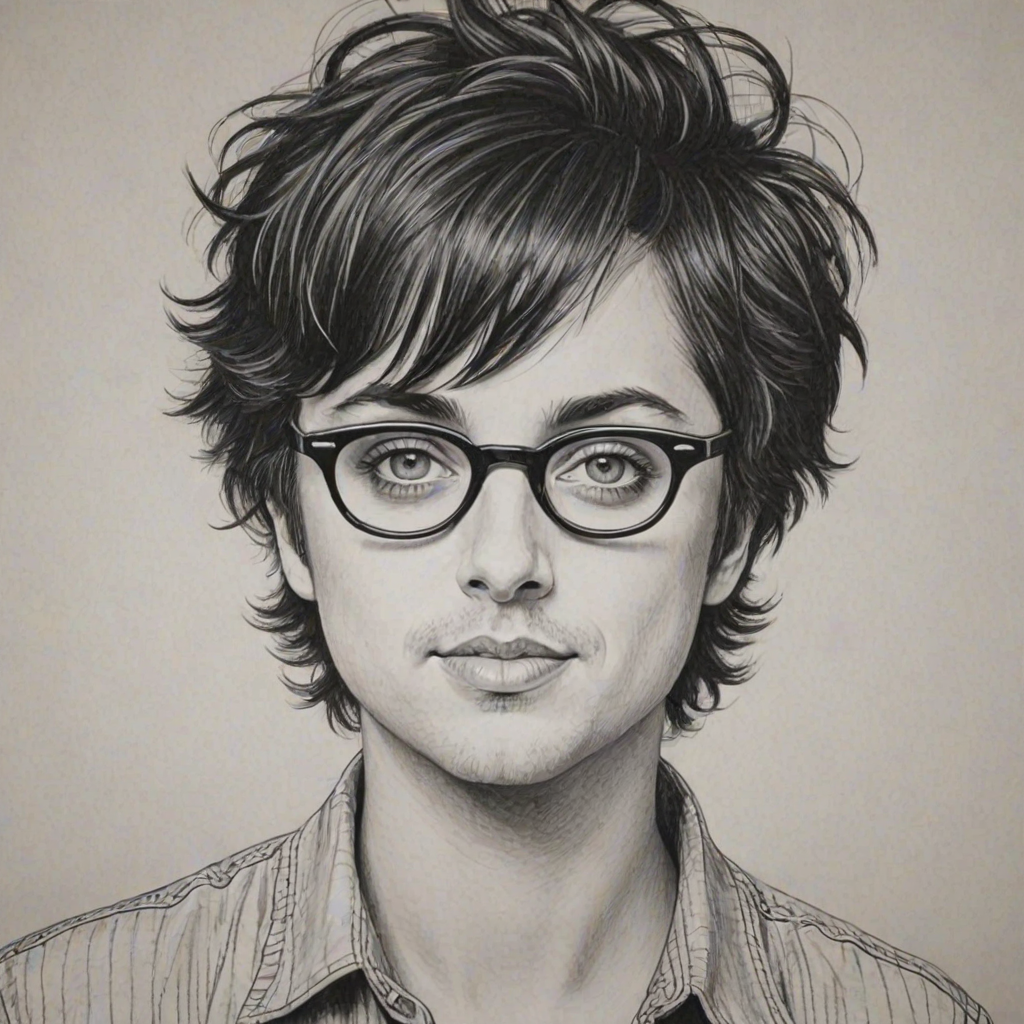 Attractive Billie Joe Armstrong, pencil sketch, portrait of Charming woman 1954s in glasses, hair style beatnik, outline, clear lines, fine lines, 8k