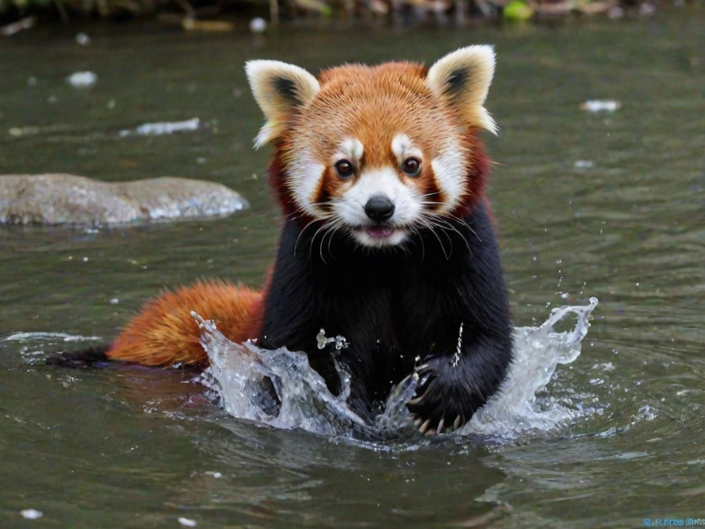 redpanda, cute, river, bathing